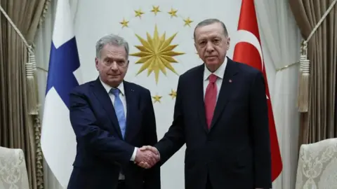 EPA-EFE/REX/Shutterstock Finland's Sauli Niinisto (L) told the Turkish president that he hoped Sweden and Finland would both be part of Nato by July