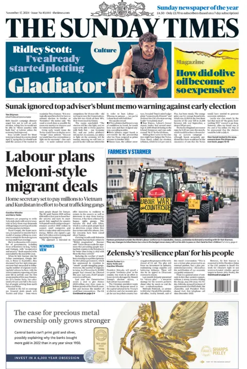 "Labour plans Meloni-style migrant deals" headlines the Sunday Times 