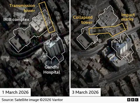 Left image: 1 March satellite image of Gandhi hospital and adjacent IRIB complex showing transmission tower highlighted. Right image: 3 March satellite image showing impact crater and collapsed tower.