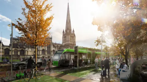 A computer generation of a green tram pulled into a stop near St Mary Redcliffe Church. The church's spire is directly behind the tram. People mill about, some with suitcases, while there is a man on a bike on a green cycle bath.