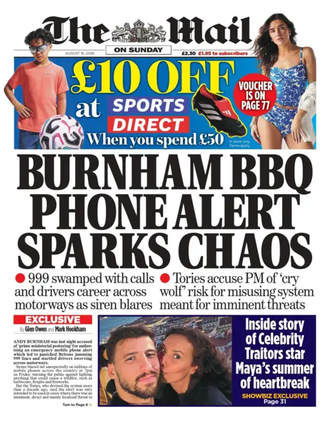 "Burnham BBQ phone alert sparks chaos," reads the headline on the front page of the Mail on Sunday.