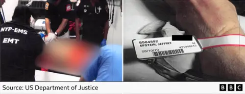 EMTs attend Epstein's body in left hand image, on the right Epstein's hand can be seen with a tag showing his name and date of death 