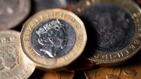 Close up for pound coins showing Queen's head