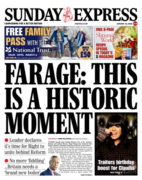 "Farage: This is a historic moment" reads the headline on the front page of the Sunday Express.