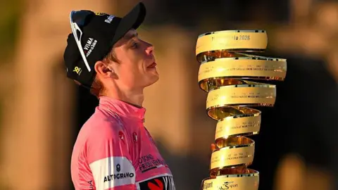 Jonas Vingegaard holds the Giro d'Italia trophy