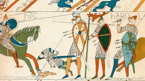 Getty Images A vintage engraving showing a detail of the Bayeux Tapestry, the Battle of Hastings and the Death of King Harold.