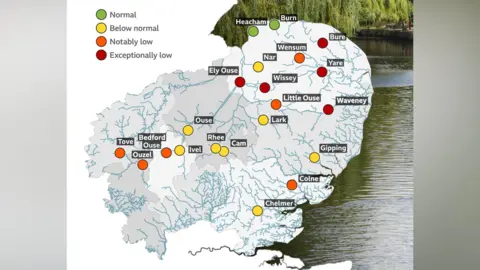 A map of East Anglia displaying river flow levels.