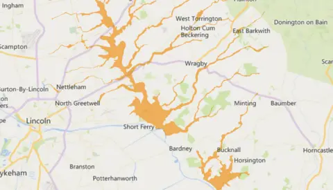 The Environment Agency A map east of Lincoln shows which areas are under a flood alert.