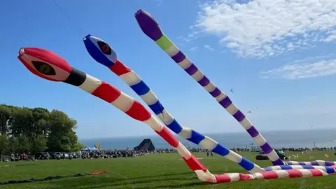 Three colourful kites, in the shape of snakes, prepare to take off from a grass field. A crowd of spectators are visible at the edge of the field and the North Sea can also be seen.