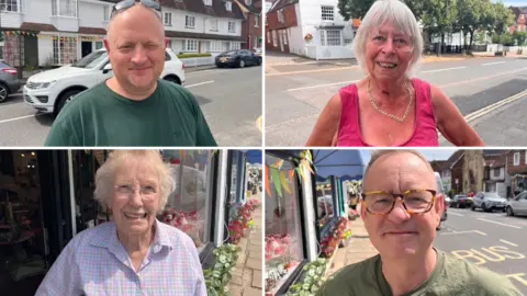 Clockwise from top left: Steven Mummery, Caroline Cannar, Jeremy Galpin, Ann Mahoney. All four are standing outside in high streets in Kent, with traditional buildings, parked cars, flower displays and bunting, and shopfronts and trees visible in the background.