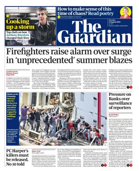 "Firefighters raise alarm over surge in 'unprecedented' summer blazes," reads the headline on the front page of the Guardian.