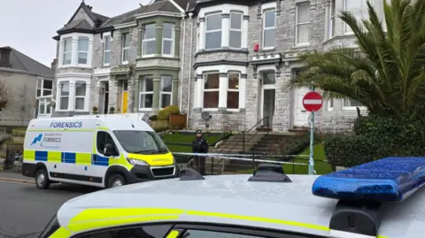 A police officer in uniform stands guard at a cordon outside a row of grey-bricked terraced houses in Plymouth. He is standing behind a line of police tape. A police forensics van is parked next to him on the road. The roof of a police car can also be seen.