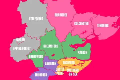 Basildon Council A graphic map, colour coordinated with purple, yellow, green, grey and pink, showing what the five Essex councils could look like.