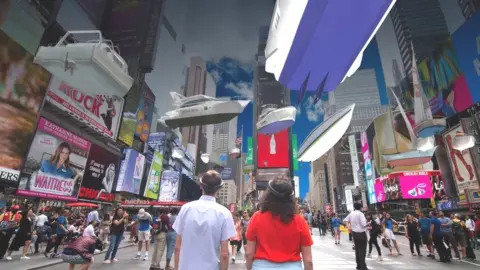 BBC AR boats floating above viewers' heads in Time Square, New York