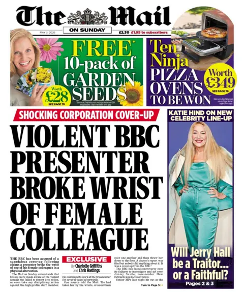 "Violent BBC presenter broke wrist of female colleague," reads the headline on the front page of the Mail on Sunday.