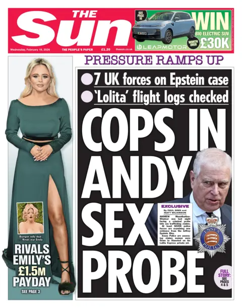 The front page of the Sun reads: "Cops In Andy Sex Probe."