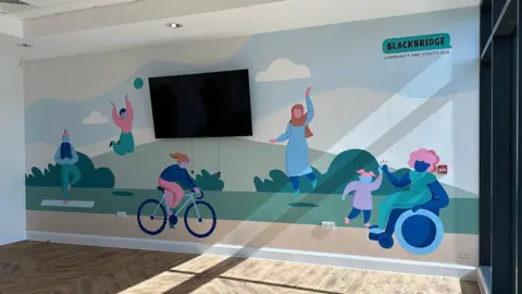Gloucestershire Gateway Trust A colourful mural painted on the wall of a dance studio which shows people of different races and abilities. There is a logo that reads "Blackbridge Community and Sports Hub" in the top right corner, and there is also a TV on the wall. Beneath it is wooden flooring, which sunlight is shining on.