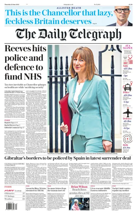 The headline on the front page of The Daily Telegraph reads: "Reeves hits police and defence to fund NHS". 