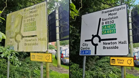 Linden Cleaning Services A side-by-side before and after comparison of a roundabout sign. The before picture is hard to read as moss has grown all over the sign. The after picture shows the roundabout sign freshly cleaned.