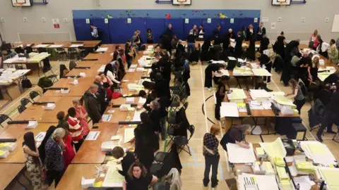 EPA/Shutterstock Many people sit in rows of desks in front piles of papers. The room appears to a gymnasium with playing field markings on a brown wooden floor.