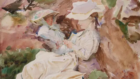 The "Simplon - Mrs Barnard and her Daughter Dorothy" painting by John Singer Sargent. Two women can be seen in cream dresses and large hats. 