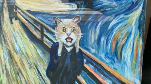 BBC Edvard Munch's The Scream has the face replaced with a tabby cat looking shocked.