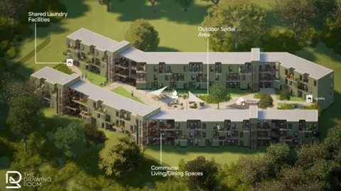 The Drawing Room This is an elevated view of the building concept showing two slightly zig-zagged buildings. There are lines labelling communal areas, laundry facilities and outside spaces. 