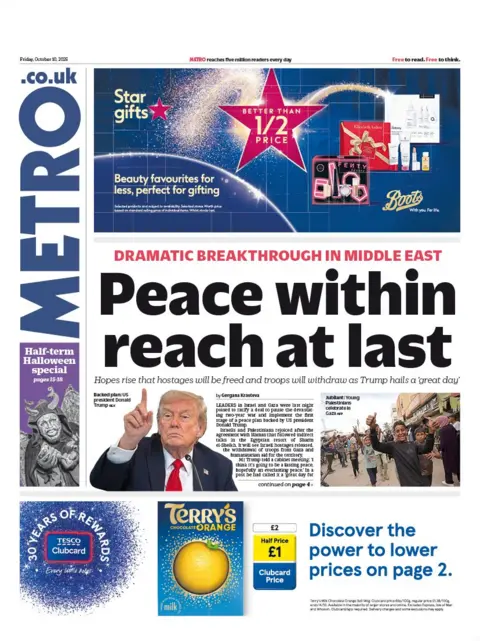 BBC "Peace within reach at last" reads the headline on the front page of Metro.
