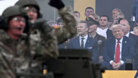 US President Trump looks at the military parade.