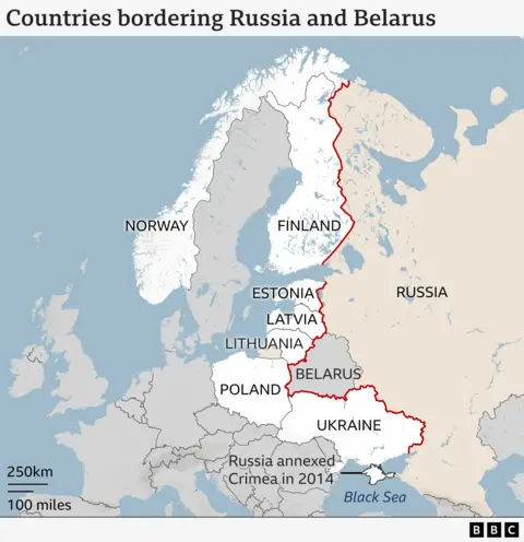 A map showing countries bordering Russia and Belarus, such as Finland, Estonia and Poland