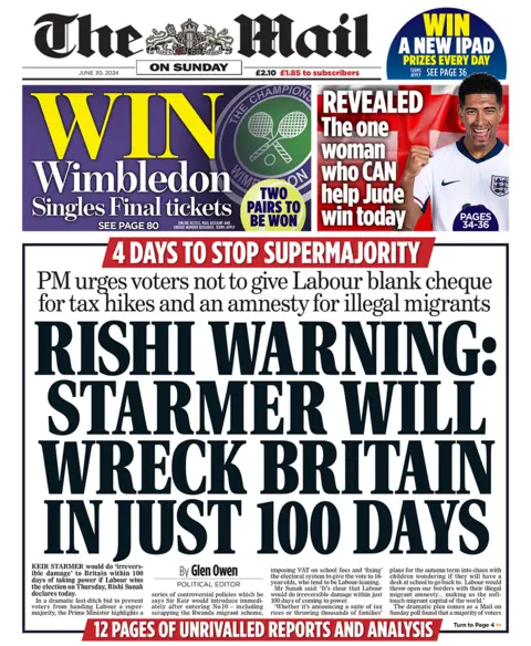 The headline in the Mail on Sunday reads: "Rishi warning: Starmer will wreck Britain in just 100 days". 