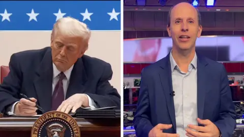 Split screen image: On the left - Donald Trump signing an executive order. On the right - the BBC's Anthony Zurcher