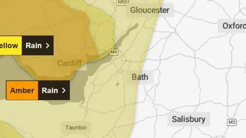 A screenshot of a Met Office map showing the areas the weather warnings cover. Parts of Gloucestershire, Somerset and Bristol is shaded in yellow.