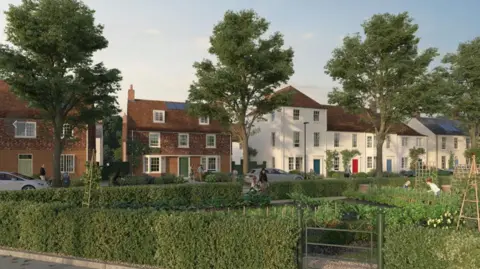 CGI image showing two brown detached houses and a row of white terraced houses, with hedges and gardens in front.