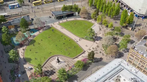 Local Democracy Reporting Service Aerial CGI of the new Piccadilly Gardens, Manchester.