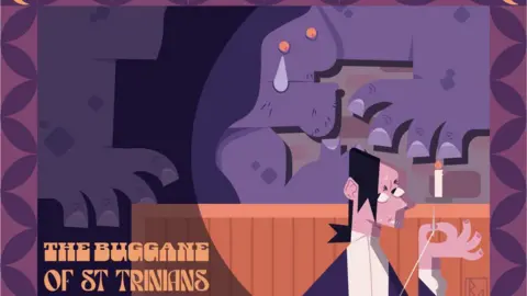 RYAN MORRISON A digital piece which shows a tailor threading a needle. There is what looks like a monster bearing down on him from above. The image is mostly purple in colour.