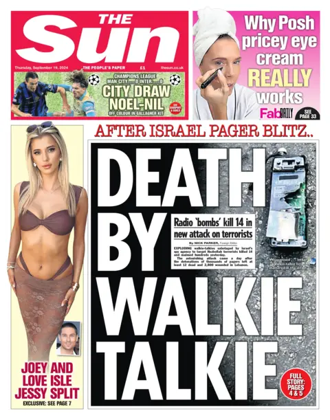 "Death by walkie talkie" headlines the Sun 