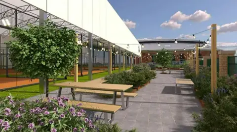 Ollo Padel An architectural visualisation or computer-generated rendering of an outdoor leisure and sports facility. The scene shows a landscaped pedestrian walkway running through the centre of the image. The walkway is paved with large grey tiles and is bordered by planting beds filled with shrubs, ornamental grasses, and flowering plants. Purple flowers are visible in the foreground, adding colour to the garden-like setting.