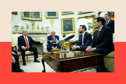 Getty Images Israeli Prime Minister Benjamin Netanyahu (L) speaks alongside U.S. President Donald Trump, Vice President JD Vance and Secretary of State Marco Rubio during a meeting in the Oval Office of the White House.