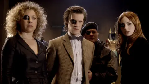 Alex Kingston as River Song, Matt Smith as The Doctor and Karen Gillan as Amy Pond in Dr Who