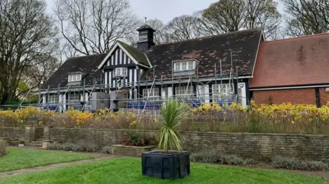 BBC Rose Garden Cafe in Sheffield Graves Park, shown with scaffolding