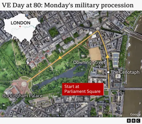 A map showing the VE Day military procession on 5 May. It will start at Parliament Square, travel down Whitehall, past the Cenotaph, through Admiralty Arch and up the Mall.