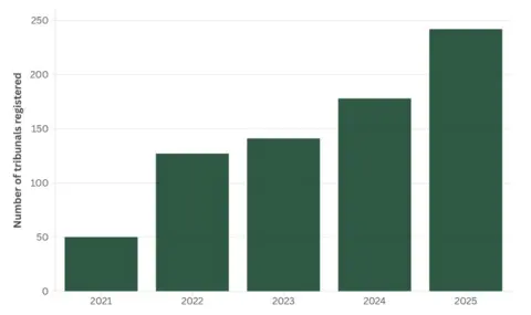 LDRS/PA Media A bar chart showing the number of tribunals per year from 2021 to 2025. There are 50 in 2021, 127 in 2022, 141 in 2023, 178 in 2024, and 242 in 2025.