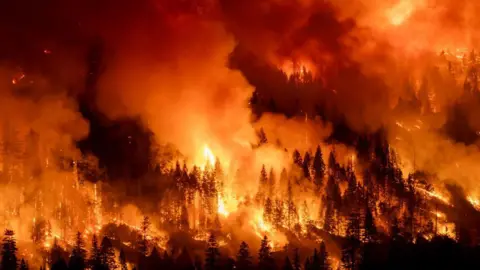 Getty Images The Park Fire moves northern California at night as a vivid orange hue lights up wooded areas