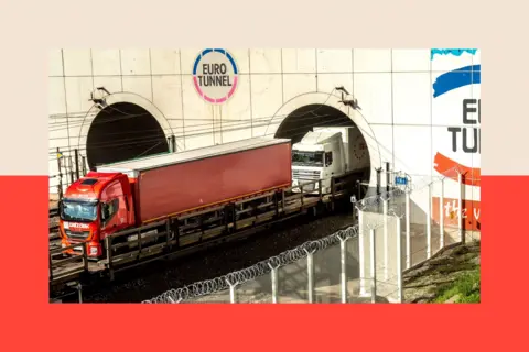 AFP via Getty Images A truck being hauled through a Eurotunnel freight tunnel 