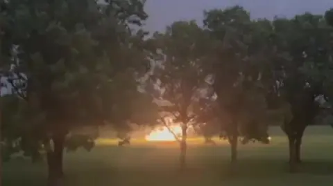 Handout A glowing ball of flame filmed from a distance on a grassy field beyond a line of trees