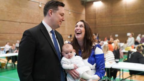 Conservative party candidate Lord Ben Houchen with his wife Rachel Houchen and baby Hannah