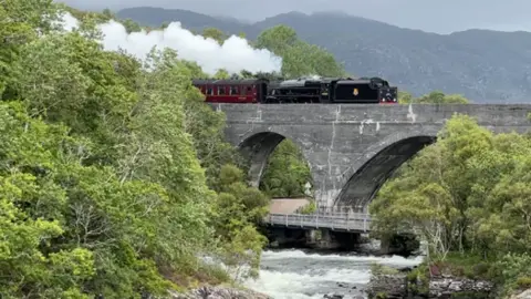 David Wilson The Jacobite steam train crosses a stone arch viaduct over a river which has dark grey and white water. Trees are in the foreground and background of the photo, partially obscuring the white steam coming from the train. A shadowed mountain is also in the background. 

