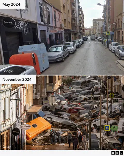 Google/Getty/BBC A comparison image showing a street in May 2024 and the same street in November 2024 full of damaged cars