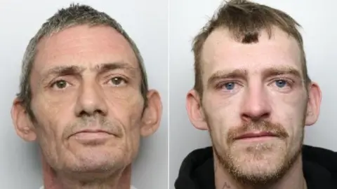 South Yorkshire Police Two side-by-side mugshots. Horton looks thin, with brown eyes, greying hair, grey eyebrows and a bit of stubble and has a neutral expression. Taff has short light brown hair and a goatie, and looks sad.